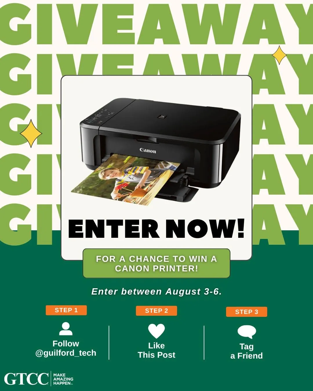 Update: We have picked a winner! Thanks for entering, and see you next week!

Assignments, study guides, and notes made easy. 🖨️ 

This week, we’re giving away a Canon Pixma MG3620 printer. 

To enter: 
⭐ Follow @guilford_tech 
⭐ Like this post 
⭐ Tag a friend in the comments 

Entries close Thursday. Winner announced Friday via Instagram stories! 

*Prize winners must be able to pick up the prize on GTCC's campus. Prizes will not be shipped.* 

#GTCC #GuilfordTech #MakeAmazingHappen #SummerGiveaways #GreensboroNC #HighPointNC #JamestownNC