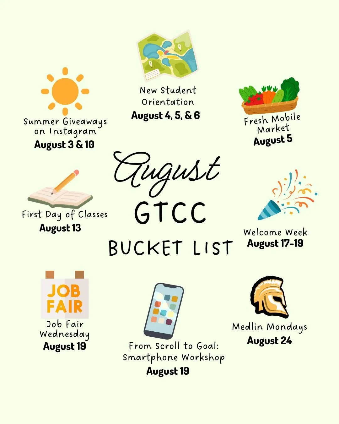 Happy August, Titans! 💚
 
It's almost time to head back to campus! From New Student Orientation and Welcome Week to the first day of classes, August is packed with ways to kick off the fall semester. Check out this month's calendar at the link in our bio!
 
#GTCC #GuilfordTech #MakeAmazingHappen #BucketList #AugustEvents