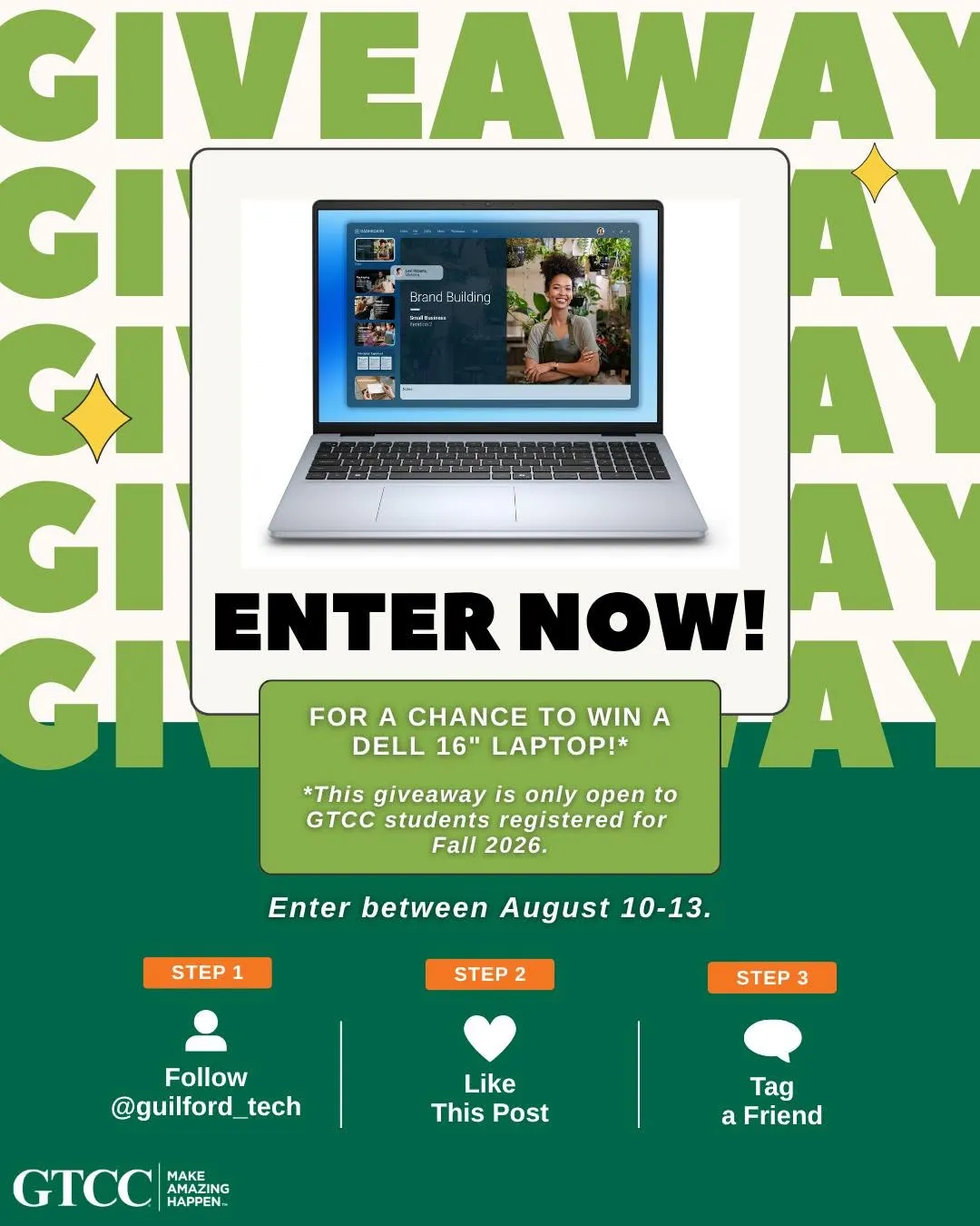 SURPRISE! We heard our students' need for new technology, so we're doing one more giveaway to close out Summer 2026! We're giving away a Dell 16" laptop! 💻
 
To enter this giveaway, simply: 
⭐ Follow @guilford_tech on Instagram. 
⭐ Like this post. 
⭐ Comment your major.
 
Entries close Thursday. Winner announced Friday via Instagram stories!
 
*This giveaway is only open to GTCC students registered for Fall 2026. Enrollment status will be verified before a winner is announced. Prize winners must be able to pick up the prize on GTCC's campus. Prizes will not be shipped.*
 
#GTCC #GuilfordTech #MakeAmazingHappen #SummerGiveaways #GreensboroNC #HighPointNC #JamestownNC
